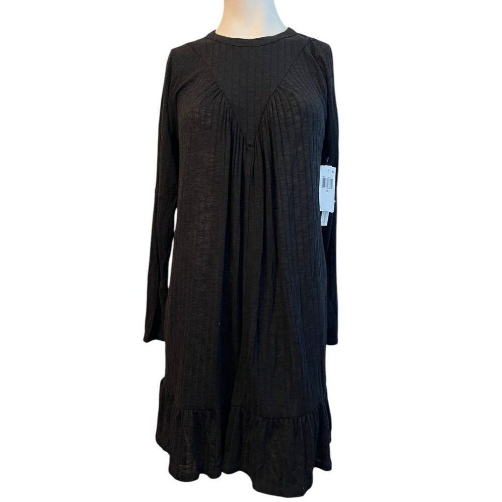 Aqua Small Black Long Sleeve Knit Smocked Dress Lightweight Ruffle NWT MSRP $78